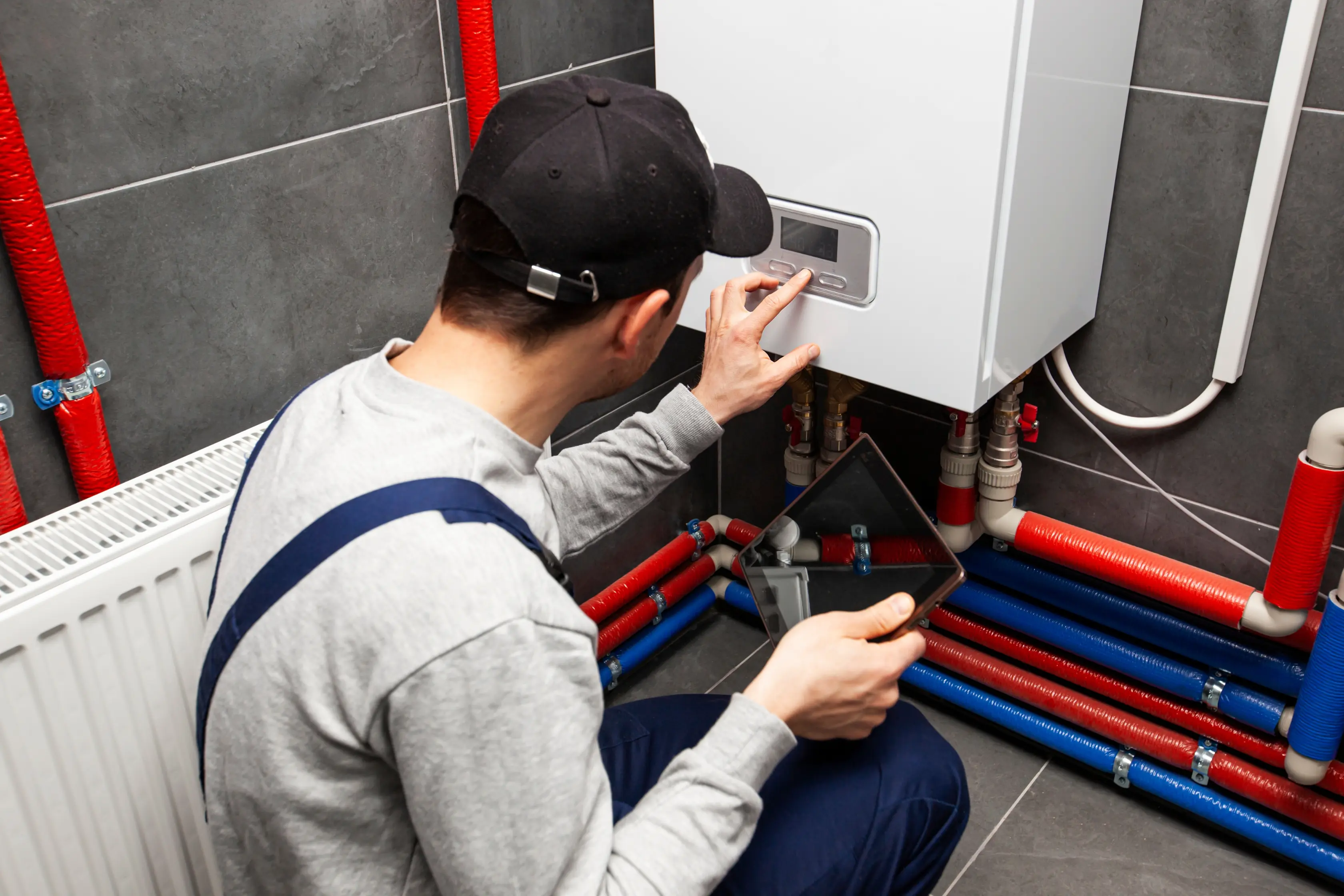 Plumber Checking The Central Heating Before Installing Designer Radiators